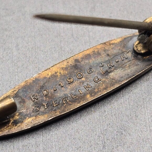 Antique Sterling Guilloche Registered Design Sash Pin/Brooch Signed RH 1906 Mini - Picture 7 of 8